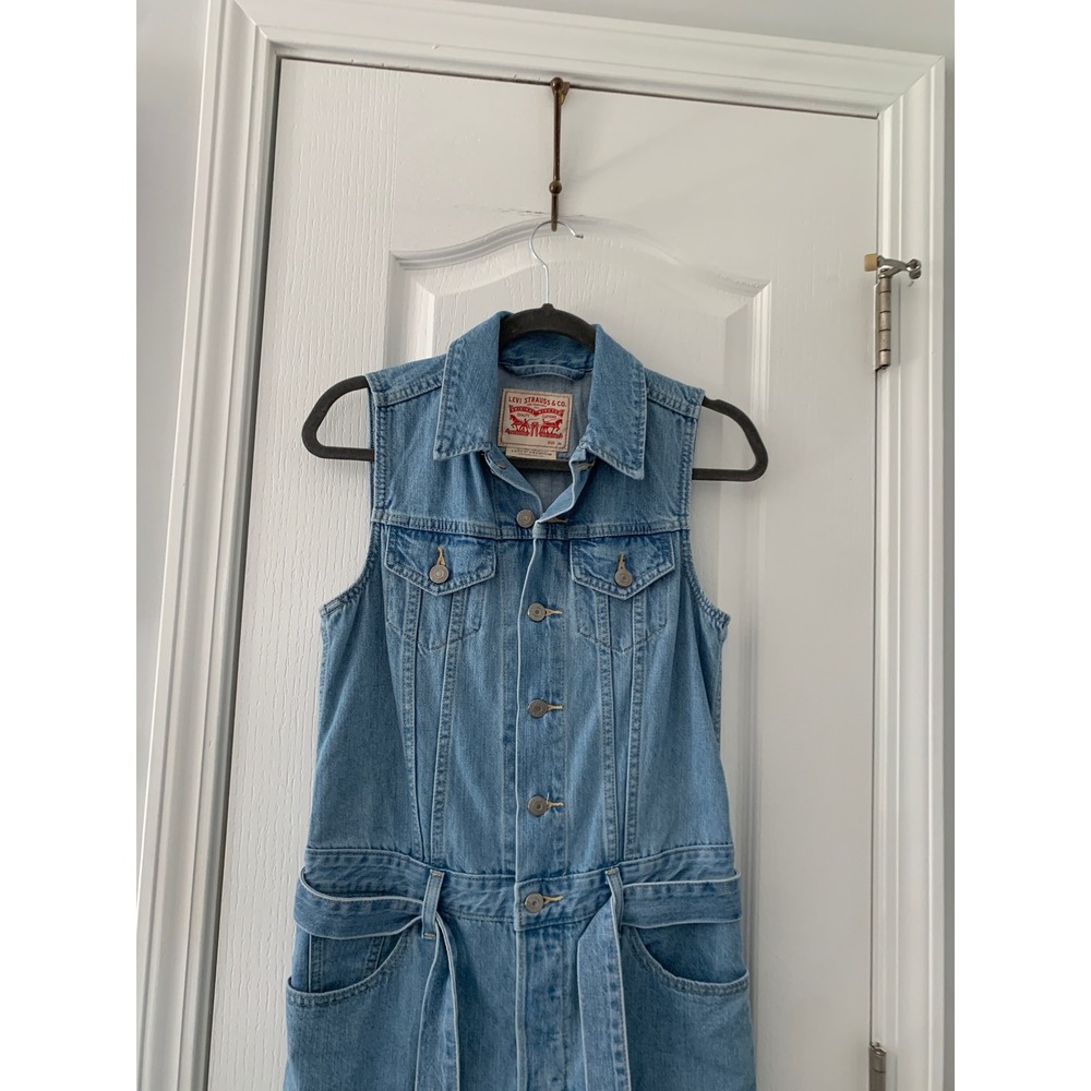 Levis Premium Denim Jumpsuit Light Wash Sleeveless Belted Utility XS Blue - Picture 2 of 11